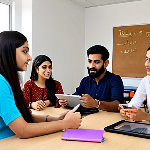 Home 11 **Image:** Students in a modern classroom at a language institute, diverse group, engaged with teacher, bright and encouraging atmosphere, learning Urdu script on tablets.