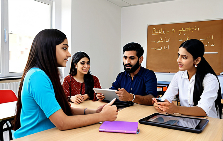 **Image:** Students in a modern classroom at a language institute, diverse group, engaged with teacher, bright and encouraging atmosphere, learning Urdu script on tablets.