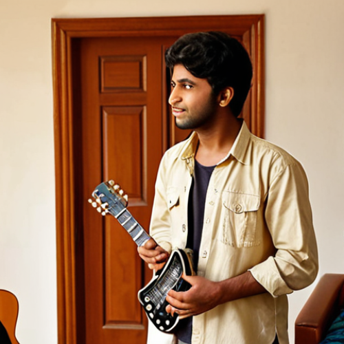 Home 7 **Prompt 1:** A young Pakistani individual (male or female) standing in a modest, modern home setting, looking at an expensive piece of hobby equipment (e.g., a high-end camera or a professional guitar) with a thoughtful, slightly burdened expression, holding a few Pakistani Rupee notes. In the background or nearby, show the same person happily engaging in the same hobby, but with more affordable, used, or DIY equipment, illustrating resourceful ways to pursue passions despite financial pressure. Realistic style, warm lighting, focus on balancing desire with budget.