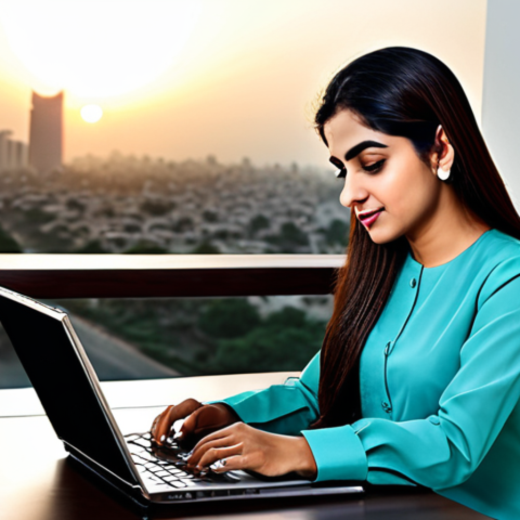 **

A professional Pakistani businesswoman in a modest Shalwar Kameez, working on a laptop at a modern office desk. The background features a cityscape of Karachi at sunset. Fully clothed, appropriate attire, safe for work, perfect anatomy, natural proportions, professional photography, high quality, family-friendly.

**