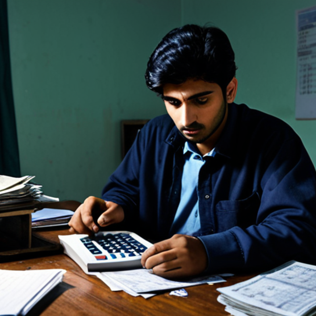 하숙비 평균 - **A worried Pakistani student** in modest attire, sitting at a worn desk in a dimly lit hostel room,...