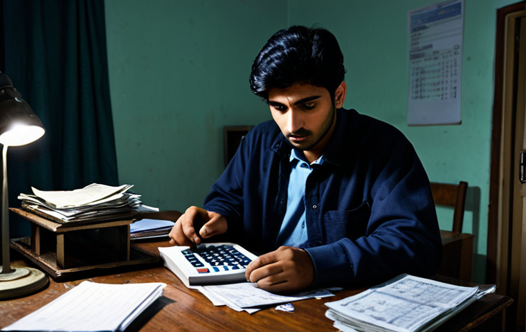 하숙비 평균 - **A worried Pakistani student** in modest attire, sitting at a worn desk in a dimly lit hostel room,...