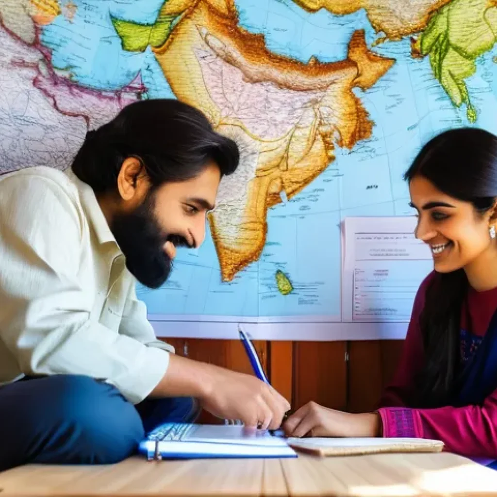 국내여행 비용 - **Prompt:** A young Pakistani couple in their late 20s, comfortably dressed in modest, casual attire...