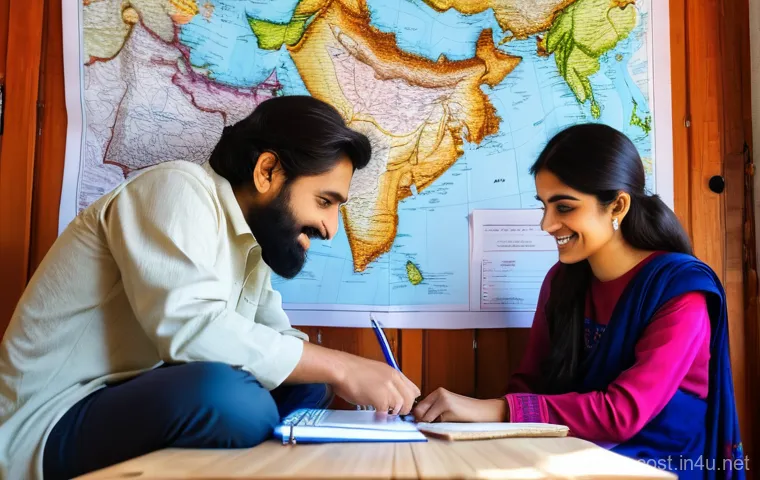 국내여행 비용 - **Prompt:** A young Pakistani couple in their late 20s, comfortably dressed in modest, casual attire...