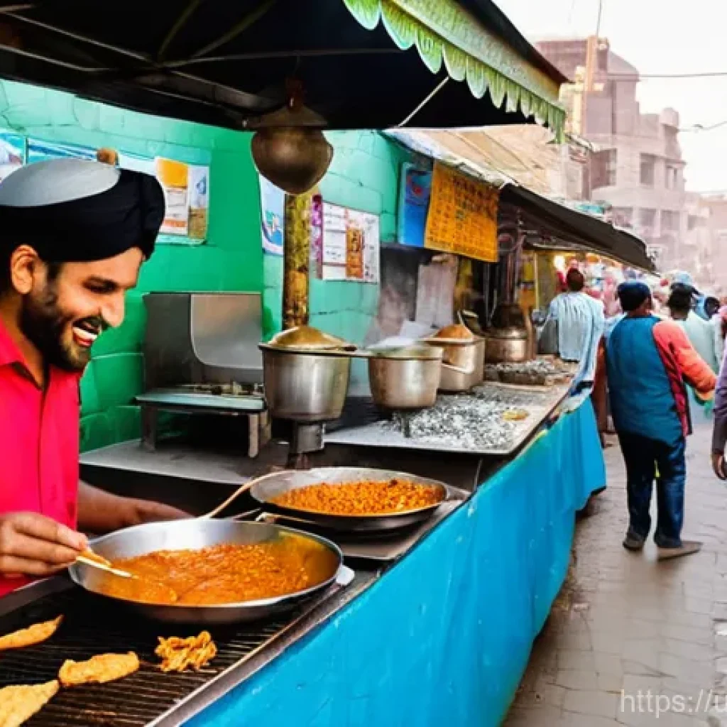 외식 비용 절약법 - **Vibrant Pakistani Street Food Scene:** A bustling, sun-drenched street food corner in a lively Pak...