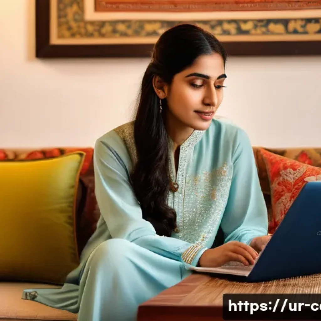 호텔 숙박비 - **Prompt:** A focused young Pakistani woman, in her late 20s, wearing a modest yet stylish long tuni...