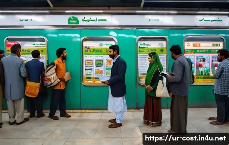 지하철 요금 - A bustling urban subway station in Pakistan during non-peak hours, showing diverse passengers includ...