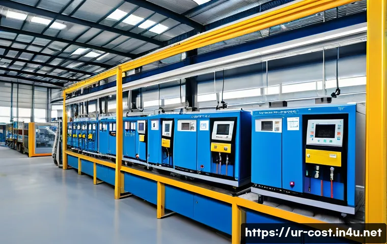 공장 운영비 - A modern industrial factory interior focused on energy efficiency: showcase machinery with energy-sa...