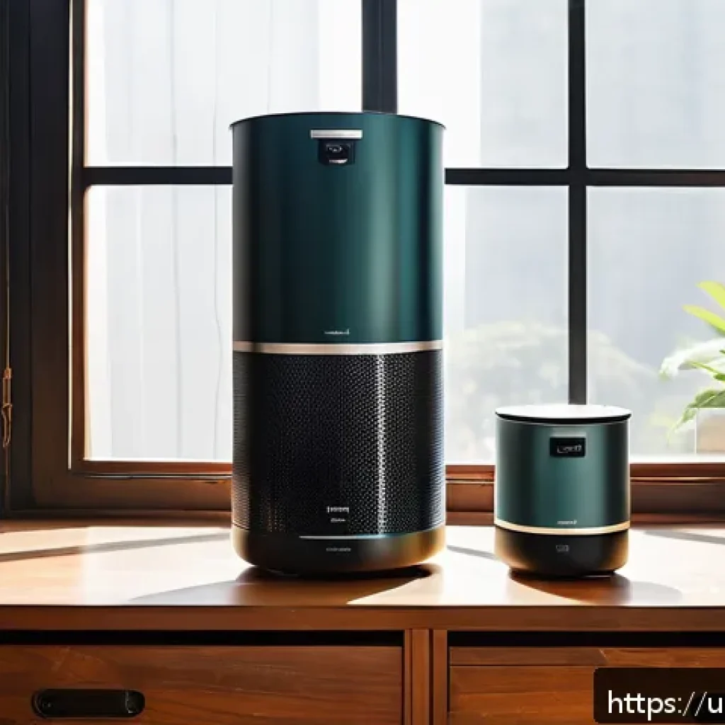 공기청정기 필터 교체비용 - A detailed, modern indoor scene showing a variety of air purifier filters displayed on a sleek woode...