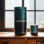 Home 21 공기청정기 필터 교체비용 - A detailed, modern indoor scene showing a variety of air purifier filters displayed on a sleek woode...