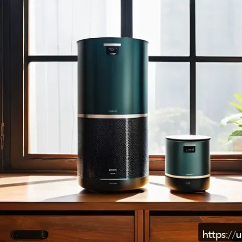 Home 33 공기청정기 필터 교체비용 - A detailed, modern indoor scene showing a variety of air purifier filters displayed on a sleek woode...