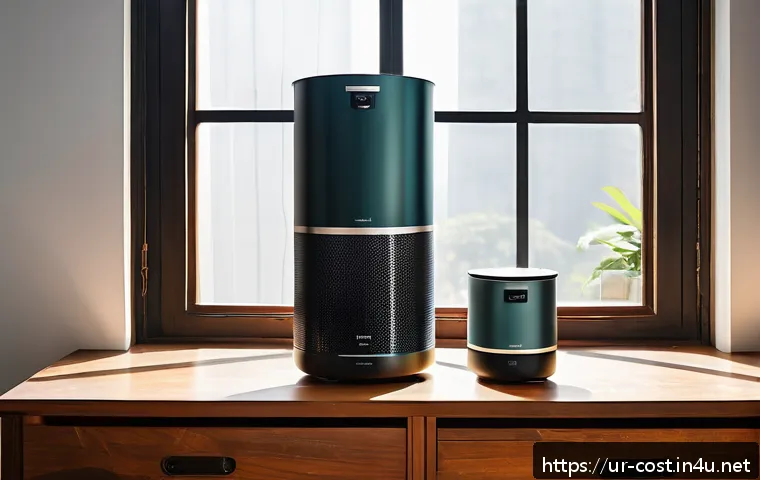 공기청정기 필터 교체비용 - A detailed, modern indoor scene showing a variety of air purifier filters displayed on a sleek woode...