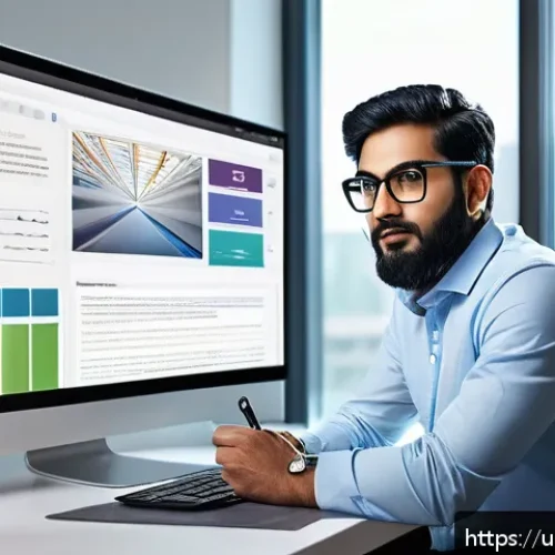 Home 32 웹사이트 제작 비용 - A professional web designer at work in a modern office setting, focused on creating a sleek, user-fr...