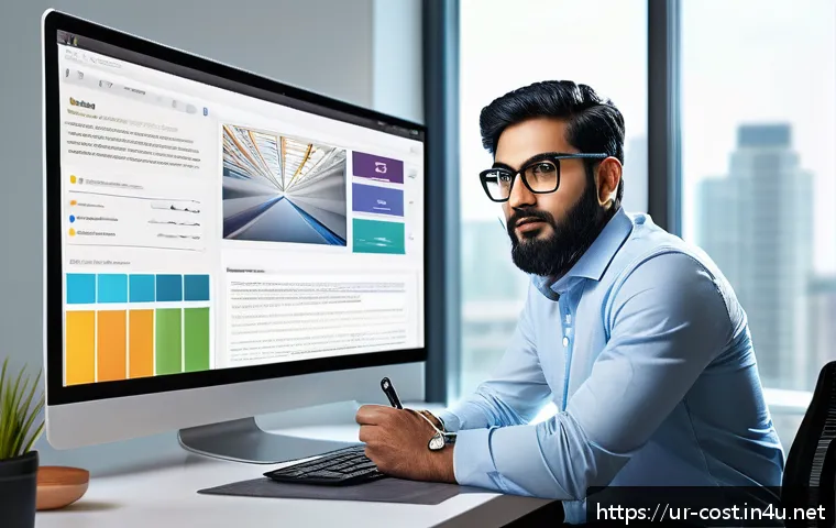 웹사이트 제작 비용 - A professional web designer at work in a modern office setting, focused on creating a sleek, user-fr...