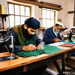 Home 19 의류 수선비용 - A cozy tailor’s workshop in a small Pakistani town, showing an experienced male tailor carefully sew...