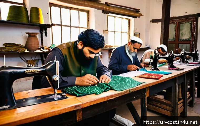의류 수선비용 - A cozy tailor’s workshop in a small Pakistani town, showing an experienced male tailor carefully sew...