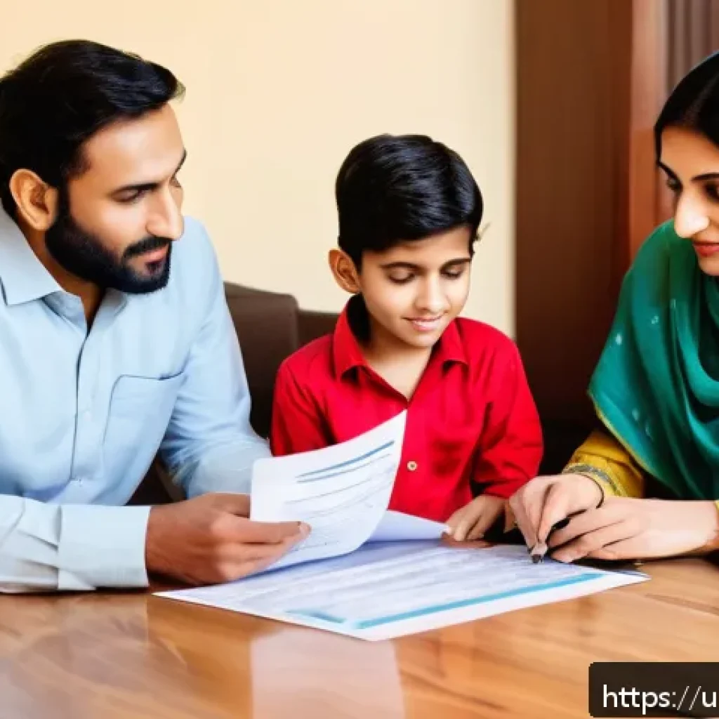 입양 비용 - A warm and inviting home setting showing a South Asian family of Urdu-speaking adoptive parents sitt...