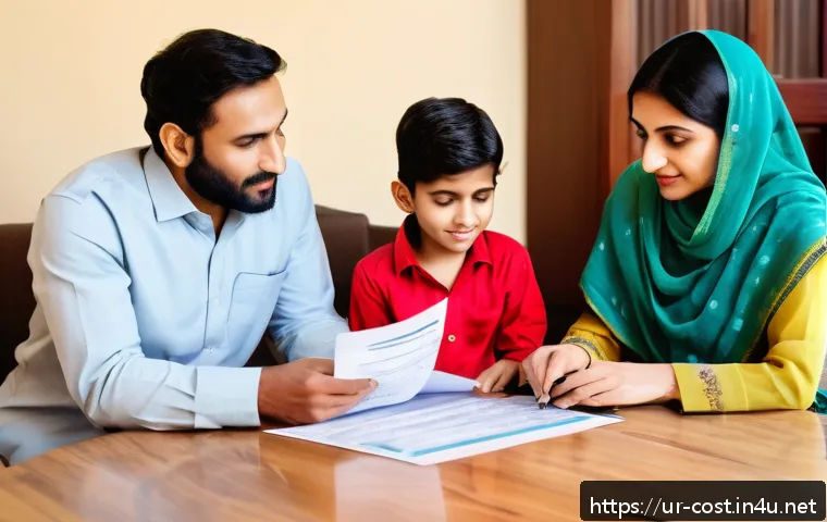 입양 비용 - A warm and inviting home setting showing a South Asian family of Urdu-speaking adoptive parents sitt...