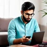 Home 23 스마트폰 교체비용 - A detailed scene of a modern Pakistani living room during the festive shopping season in late Novemb...